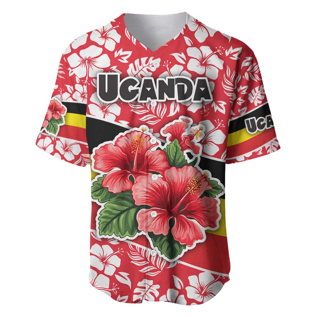 Uganda Baseball Jersey with Red Hibiscus Flowers and National Flag Design