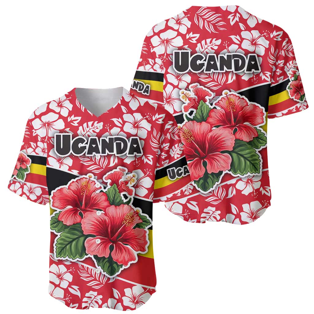 Uganda Baseball Jersey with Red Hibiscus Flowers and National Flag Design