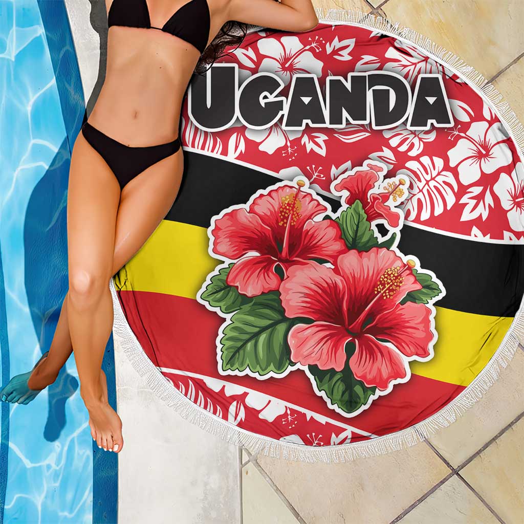 Uganda Beach Blanket with Red Hibiscus Flowers and National Flag Design