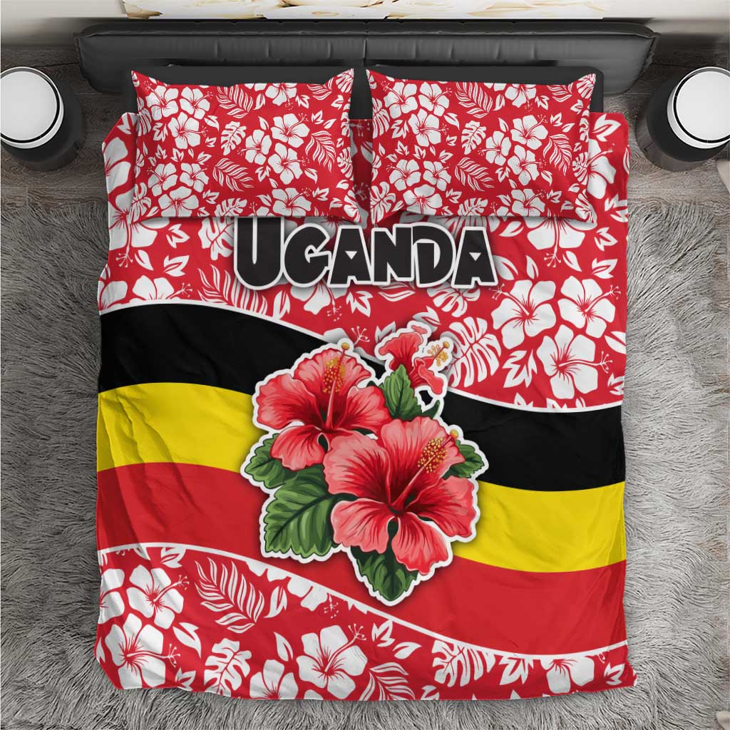 Uganda Bedding Set with Red Hibiscus Flowers and National Flag Design