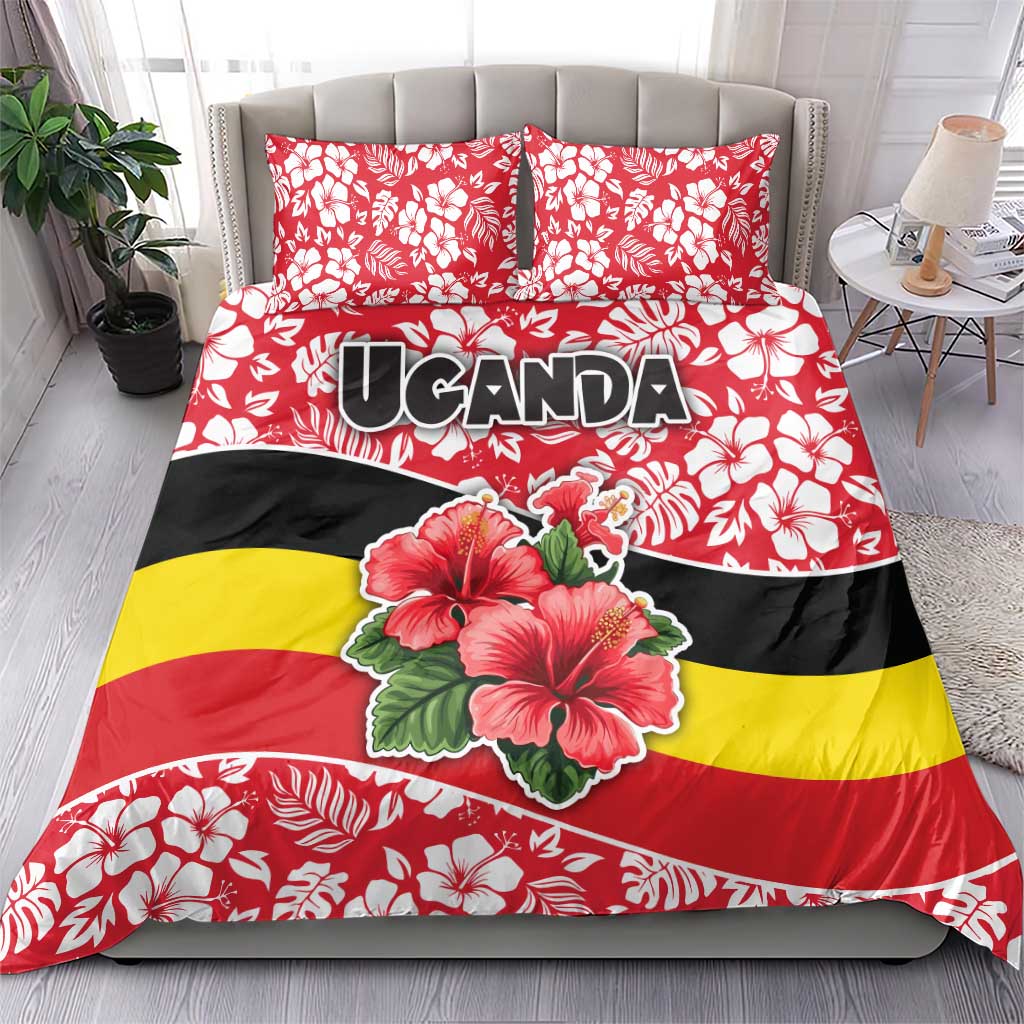 Uganda Bedding Set with Red Hibiscus Flowers and National Flag Design