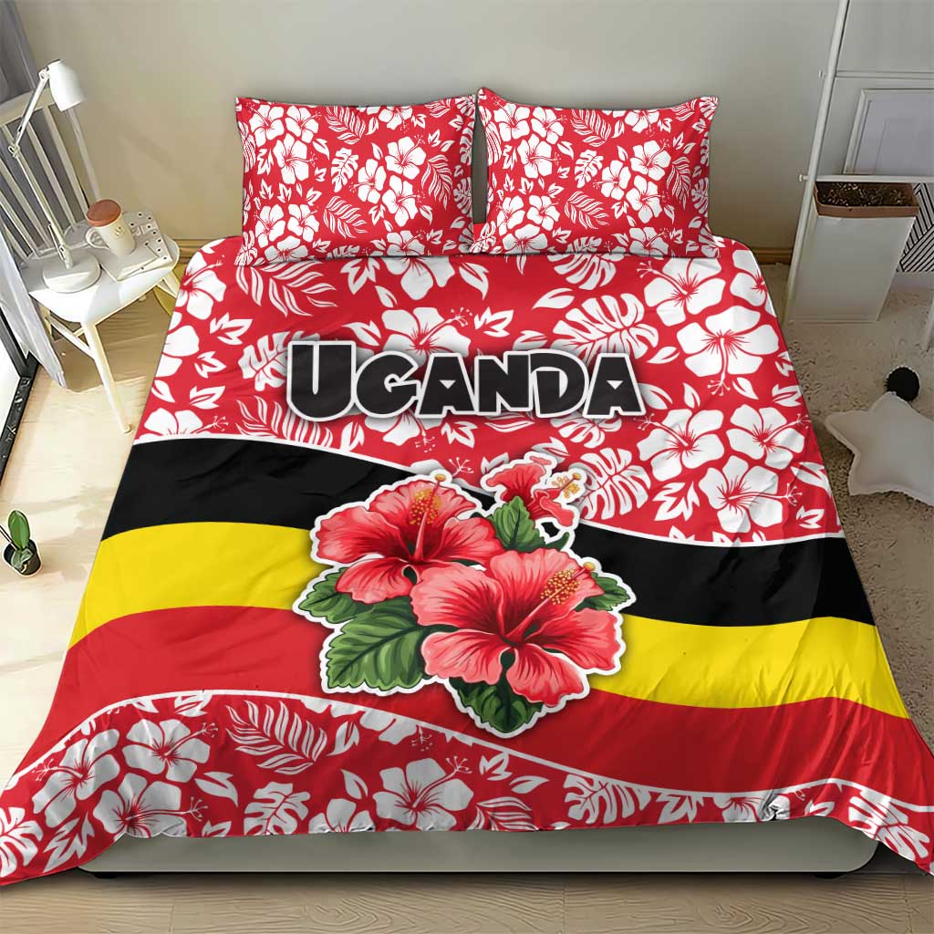 Uganda Bedding Set with Red Hibiscus Flowers and National Flag Design