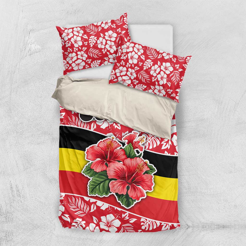 Uganda Bedding Set with Red Hibiscus Flowers and National Flag Design