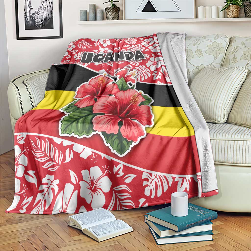 Uganda Blanket with Red Hibiscus Flowers and National Flag Design