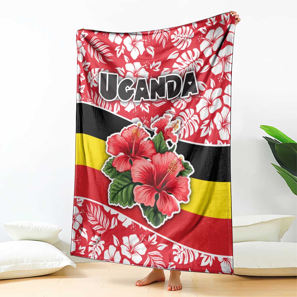 Uganda Blanket with Red Hibiscus Flowers and National Flag Design