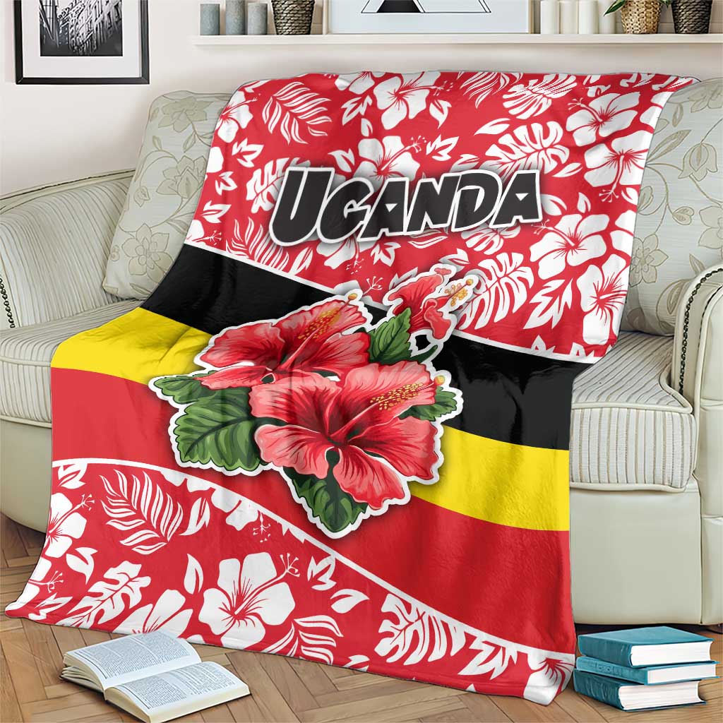 Uganda Blanket with Red Hibiscus Flowers and National Flag Design