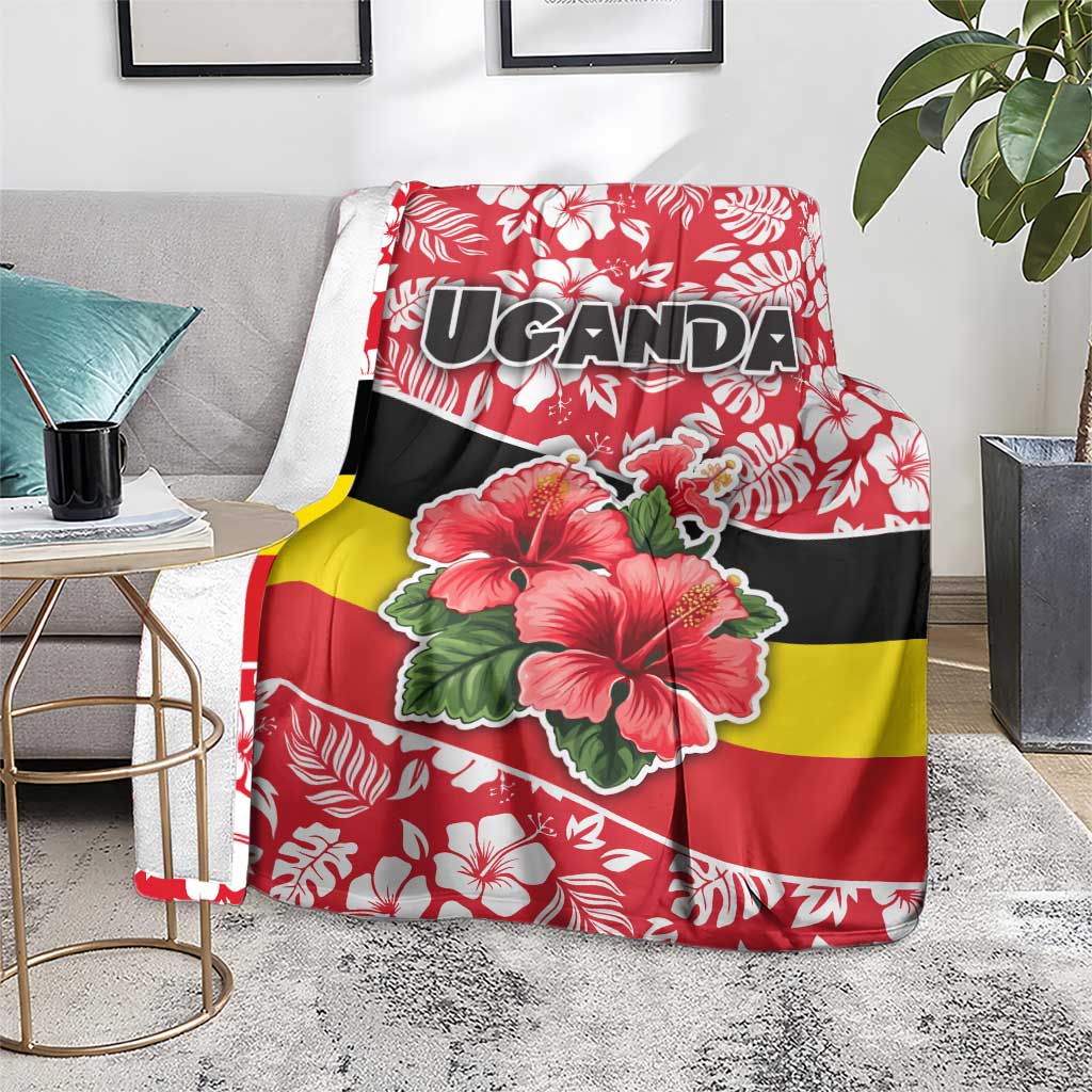 Uganda Blanket with Red Hibiscus Flowers and National Flag Design