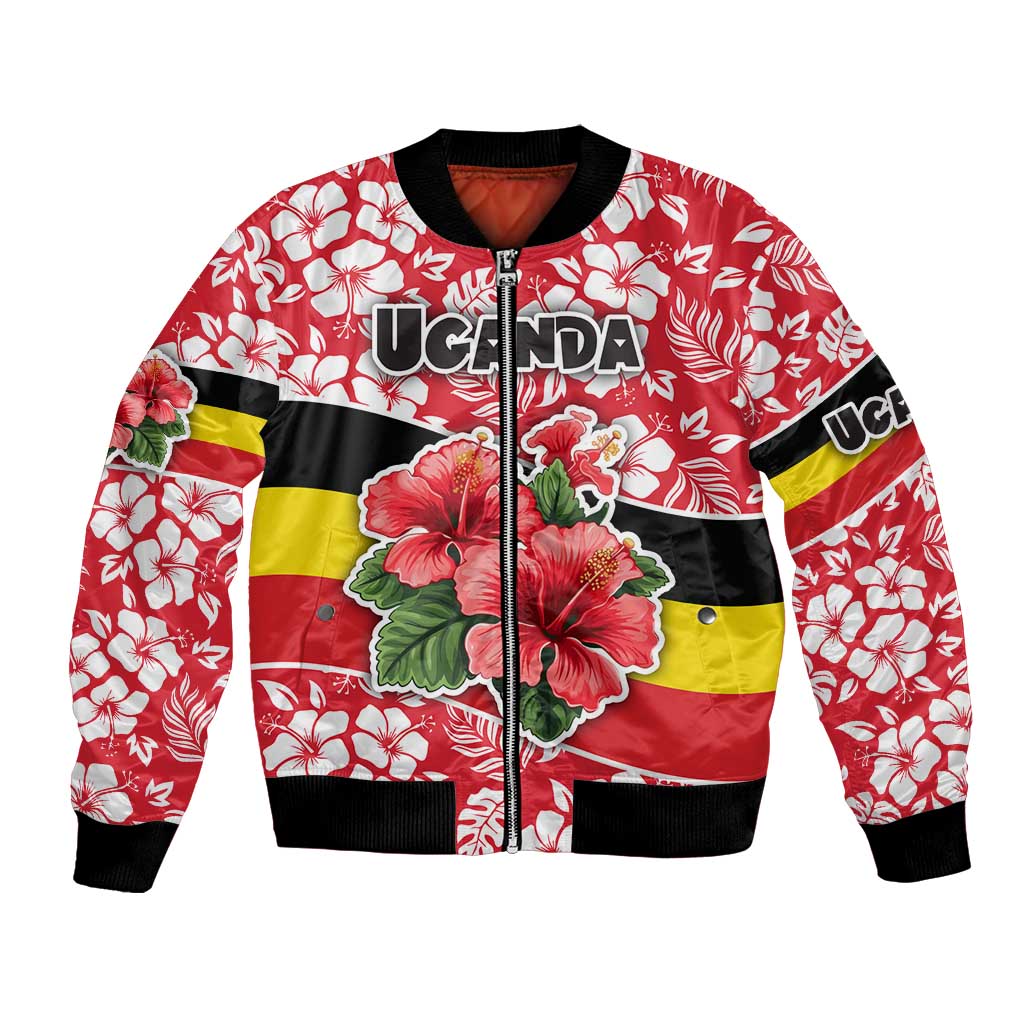 Uganda Bomber Jacket with Red Hibiscus Flowers and National Flag Design
