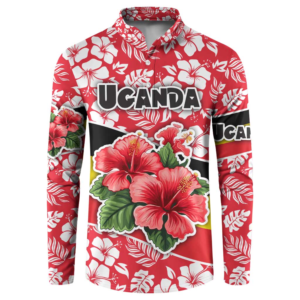 Uganda Button Sweatshirt with Red Hibiscus Flowers and National Flag Design