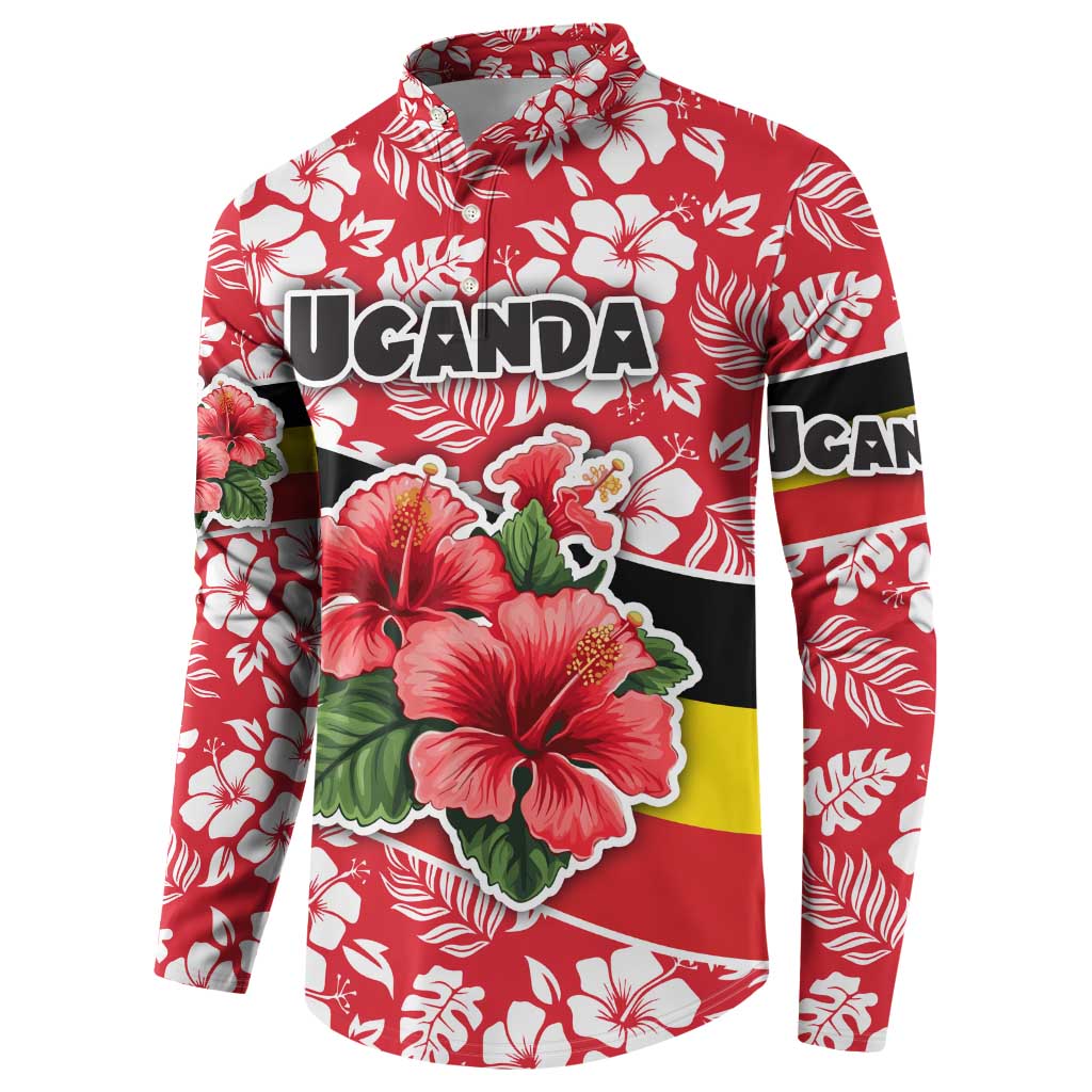 Uganda Button Sweatshirt with Red Hibiscus Flowers and National Flag Design