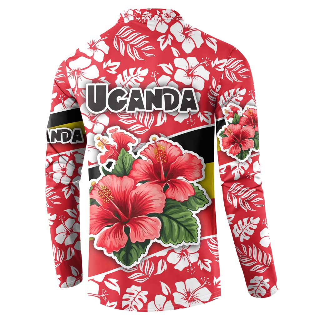 Uganda Button Sweatshirt with Red Hibiscus Flowers and National Flag Design