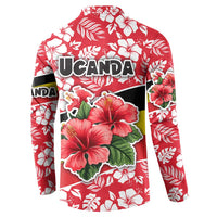 Uganda Button Sweatshirt with Red Hibiscus Flowers and National Flag Design