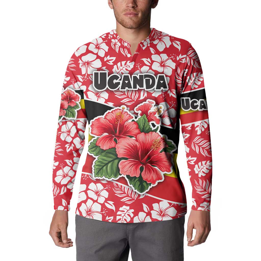 Uganda Button Sweatshirt with Red Hibiscus Flowers and National Flag Design