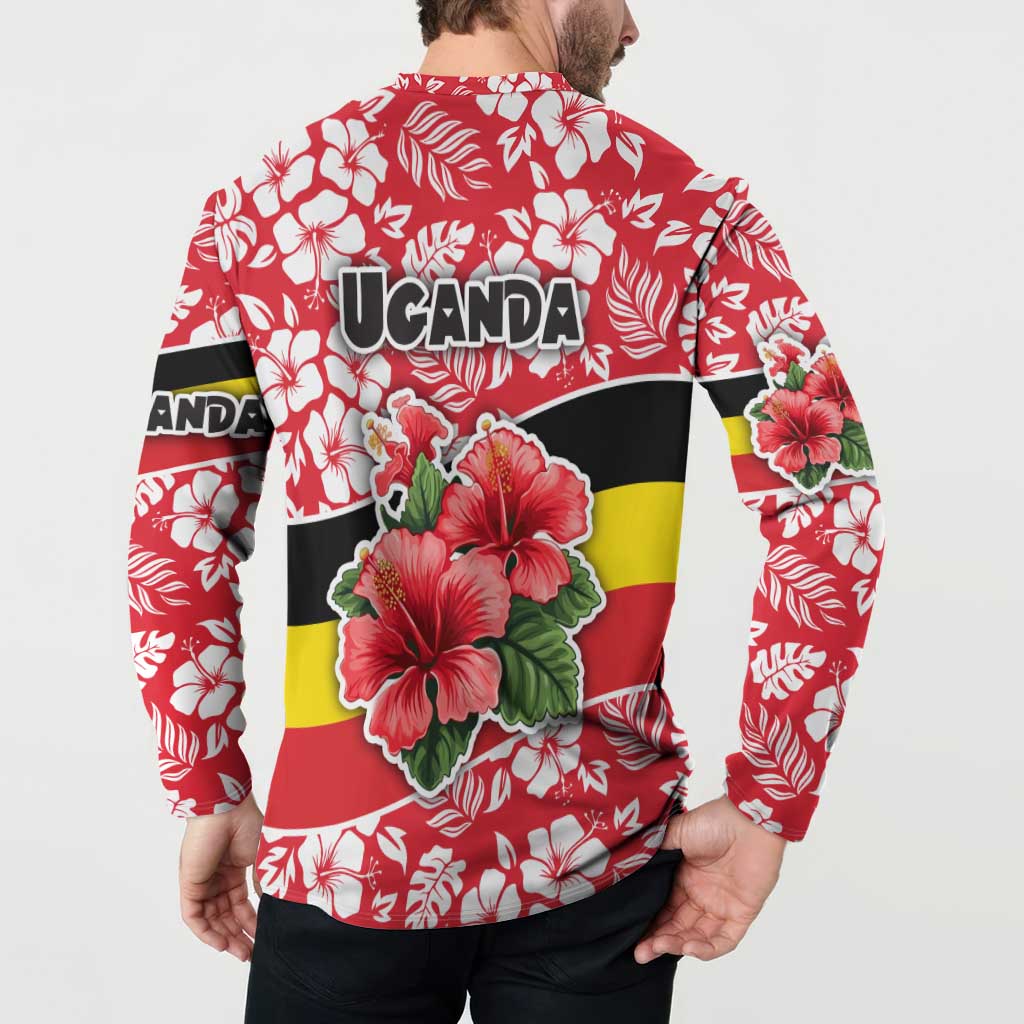 Uganda Button Sweatshirt with Red Hibiscus Flowers and National Flag Design