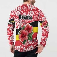 Uganda Button Sweatshirt with Red Hibiscus Flowers and National Flag Design