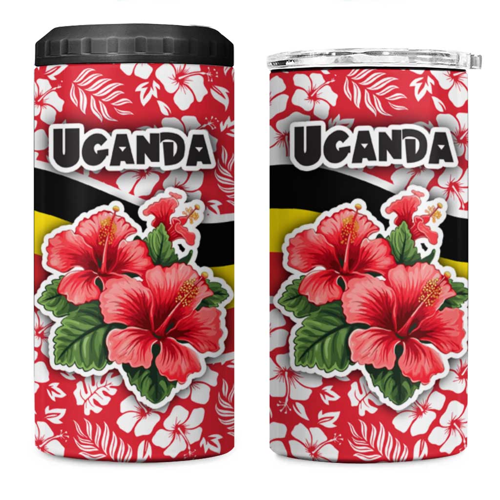 Uganda 4 in 1 Can Cooler Tumbler with Red Hibiscus Flowers and National Flag Design