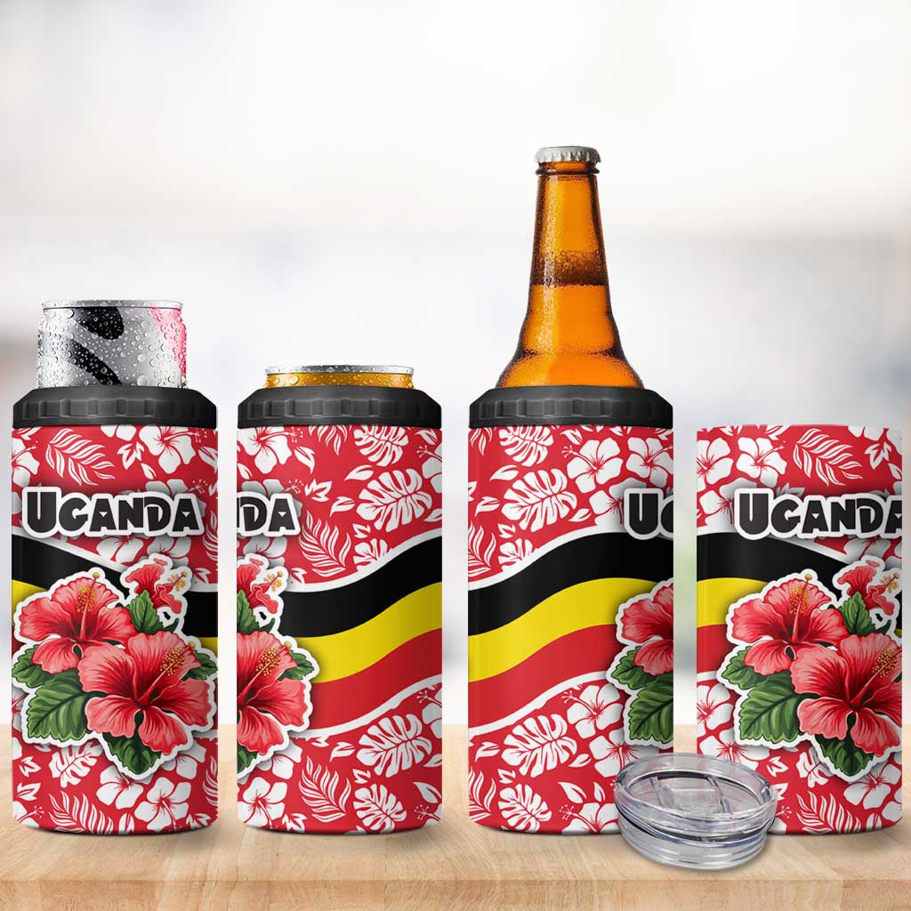 Uganda 4 in 1 Can Cooler Tumbler with Red Hibiscus Flowers and National Flag Design