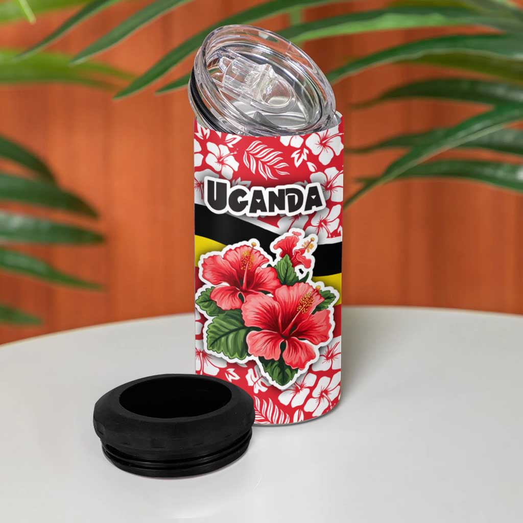 Uganda 4 in 1 Can Cooler Tumbler with Red Hibiscus Flowers and National Flag Design