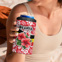 Uganda 4 in 1 Can Cooler Tumbler with Red Hibiscus Flowers and National Flag Design