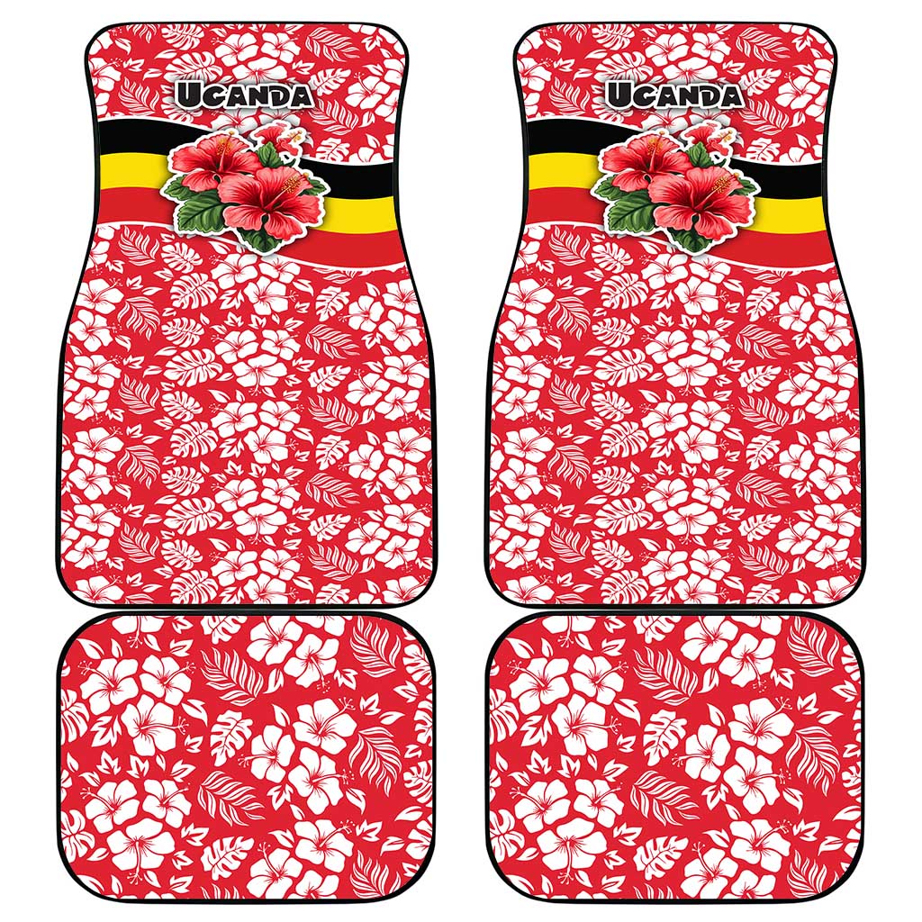 Uganda Car Mats with Red Hibiscus Flowers and National Flag Design