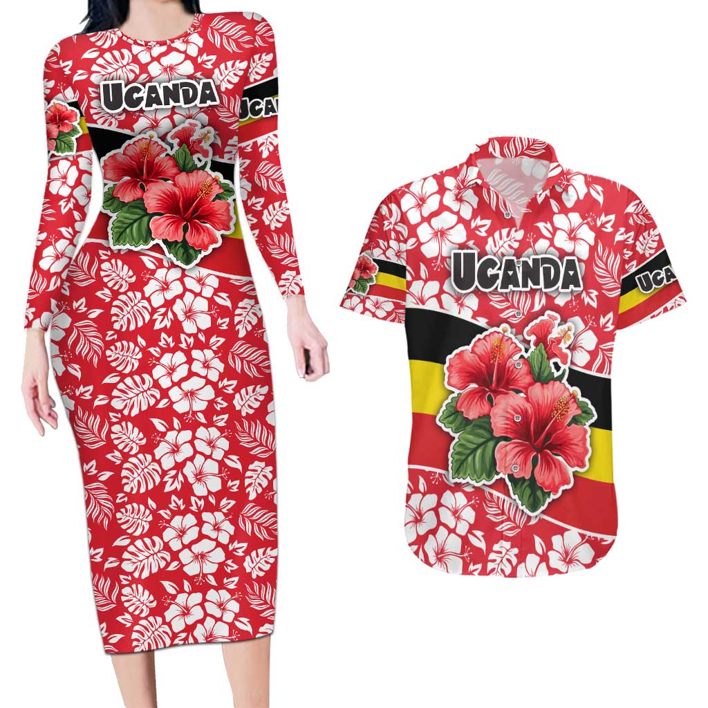 Uganda Couples Matching Long Sleeve Bodycon Dress and Hawaiian Shirt with Red Hibiscus Flowers and National Flag Design