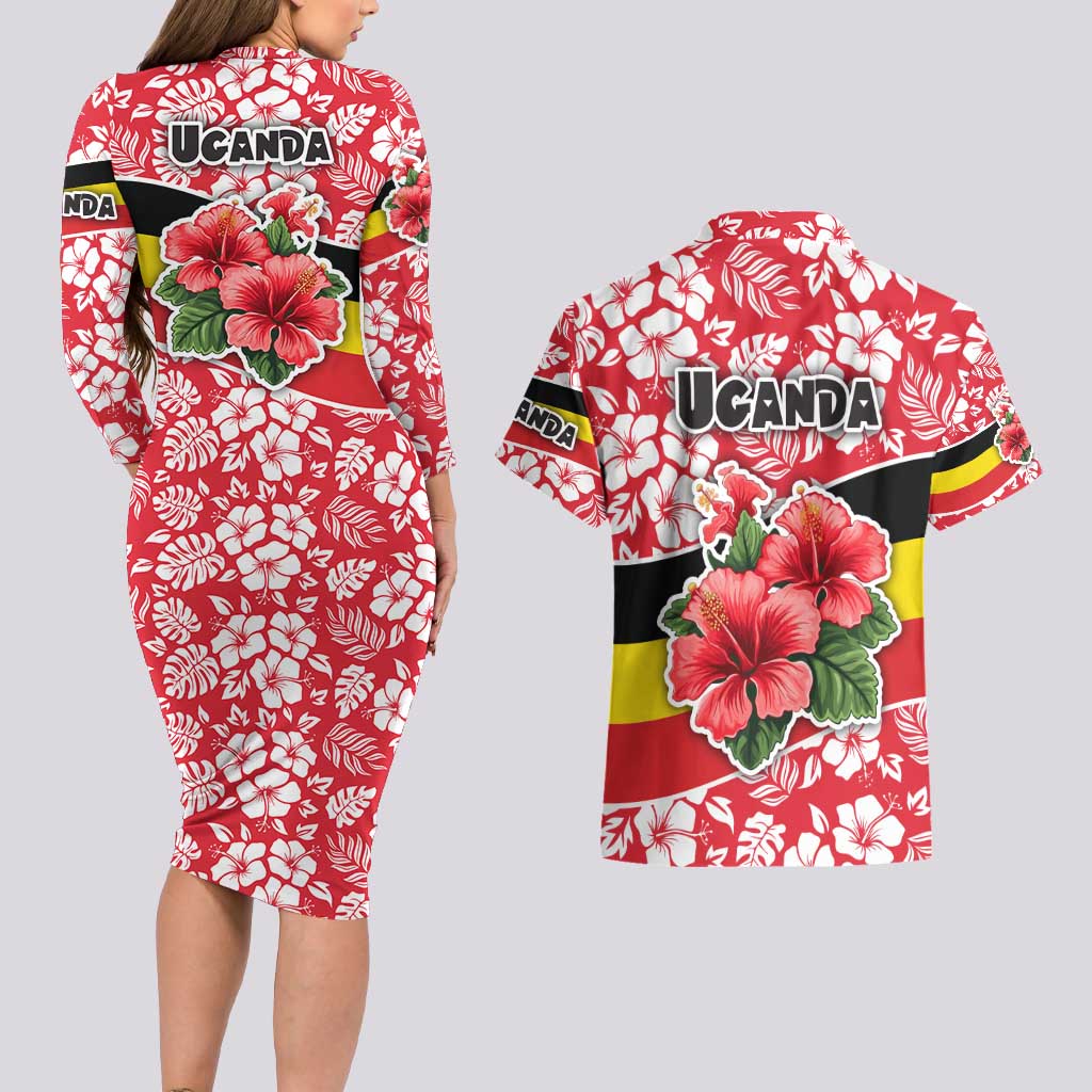 Uganda Couples Matching Long Sleeve Bodycon Dress and Hawaiian Shirt with Red Hibiscus Flowers and National Flag Design