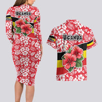 Uganda Couples Matching Long Sleeve Bodycon Dress and Hawaiian Shirt with Red Hibiscus Flowers and National Flag Design