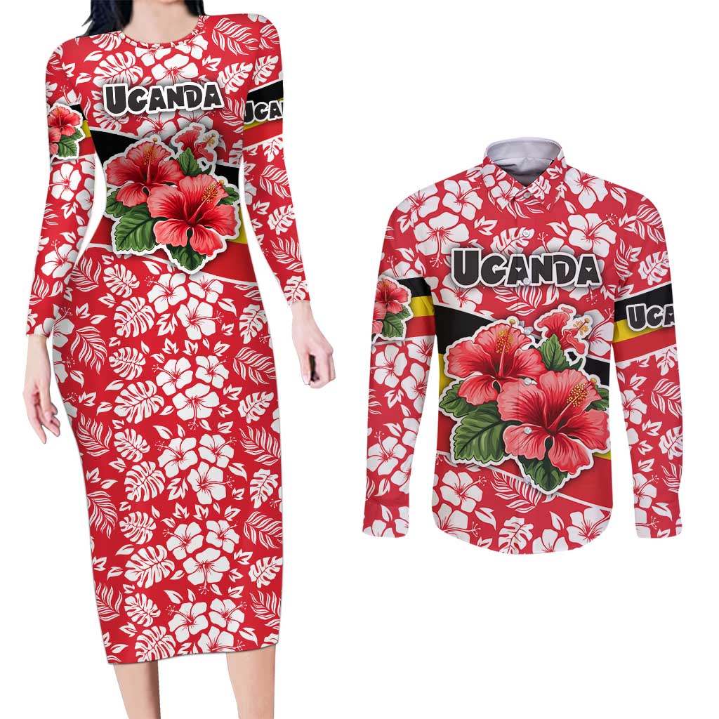 Uganda Couples Matching Long Sleeve Bodycon Dress and Long Sleeve Button Shirt with Red Hibiscus Flowers and National Flag Design