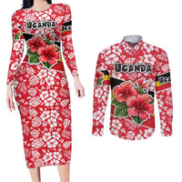 Uganda Couples Matching Long Sleeve Bodycon Dress and Long Sleeve Button Shirt with Red Hibiscus Flowers and National Flag Design