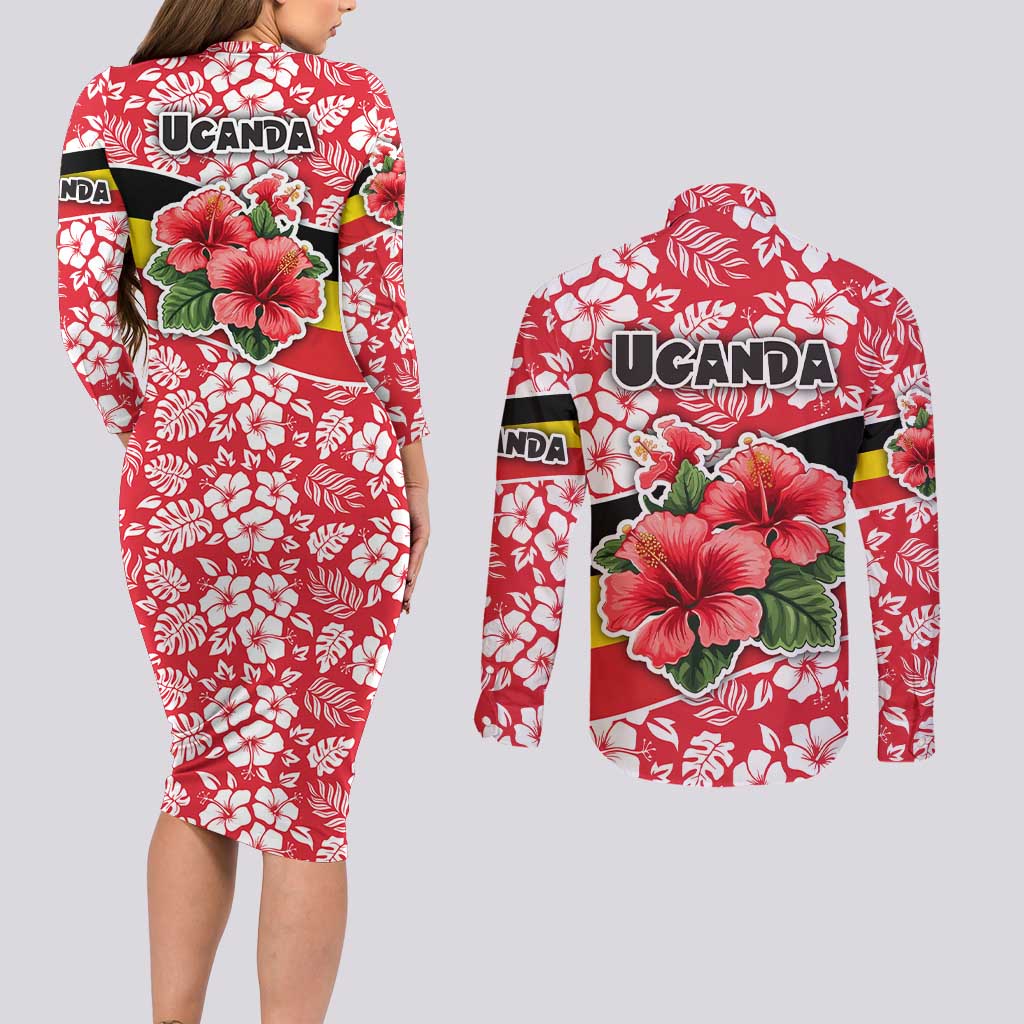 Uganda Couples Matching Long Sleeve Bodycon Dress and Long Sleeve Button Shirt with Red Hibiscus Flowers and National Flag Design