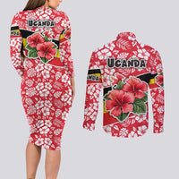 Uganda Couples Matching Long Sleeve Bodycon Dress and Long Sleeve Button Shirt with Red Hibiscus Flowers and National Flag Design