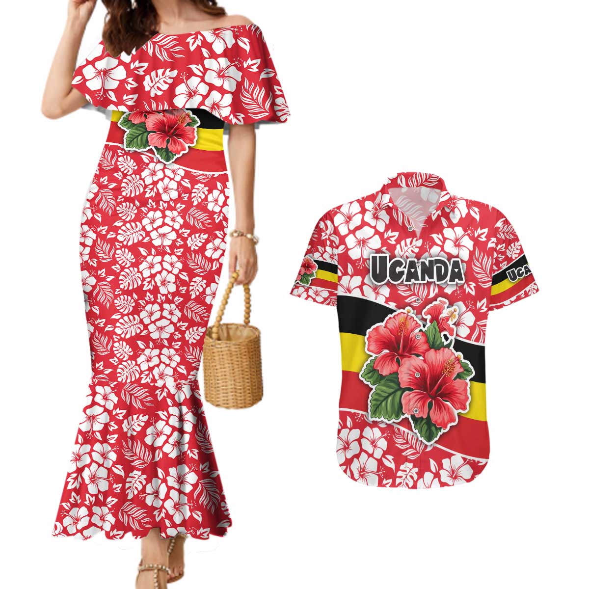 Uganda Couples Matching Mermaid Dress and Hawaiian Shirt with Red Hibiscus Flowers and National Flag Design