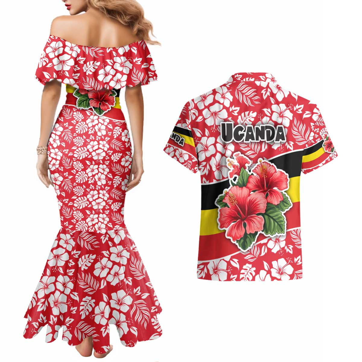 Uganda Couples Matching Mermaid Dress and Hawaiian Shirt with Red Hibiscus Flowers and National Flag Design
