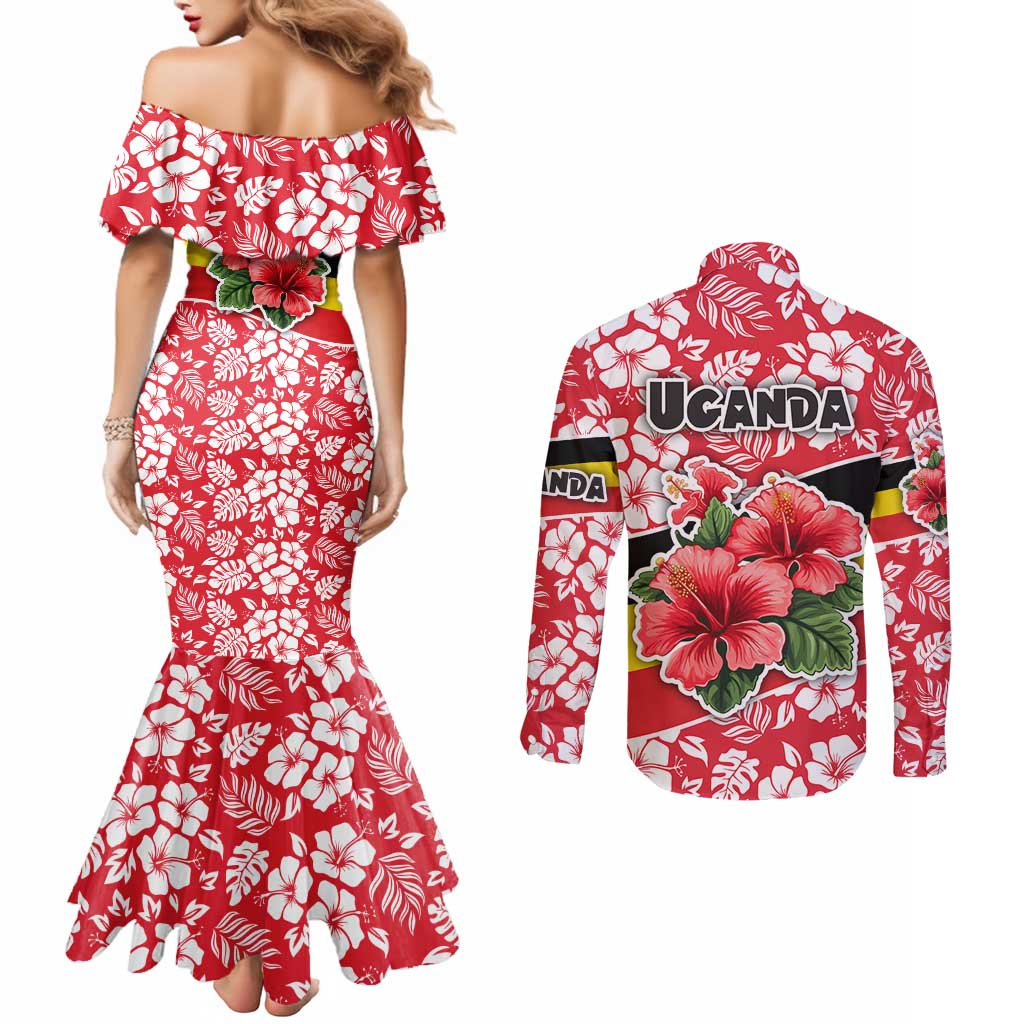 Uganda Couples Matching Mermaid Dress and Long Sleeve Button Shirt with Red Hibiscus Flowers and National Flag Design