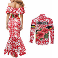 Uganda Couples Matching Mermaid Dress and Long Sleeve Button Shirt with Red Hibiscus Flowers and National Flag Design