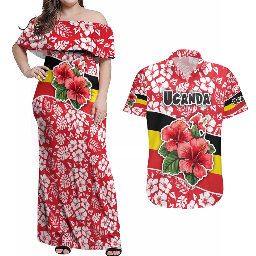 Uganda Couples Matching Off Shoulder Maxi Dress and Hawaiian Shirt with Red Hibiscus Flowers and National Flag Design