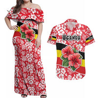 Uganda Couples Matching Off Shoulder Maxi Dress and Hawaiian Shirt with Red Hibiscus Flowers and National Flag Design