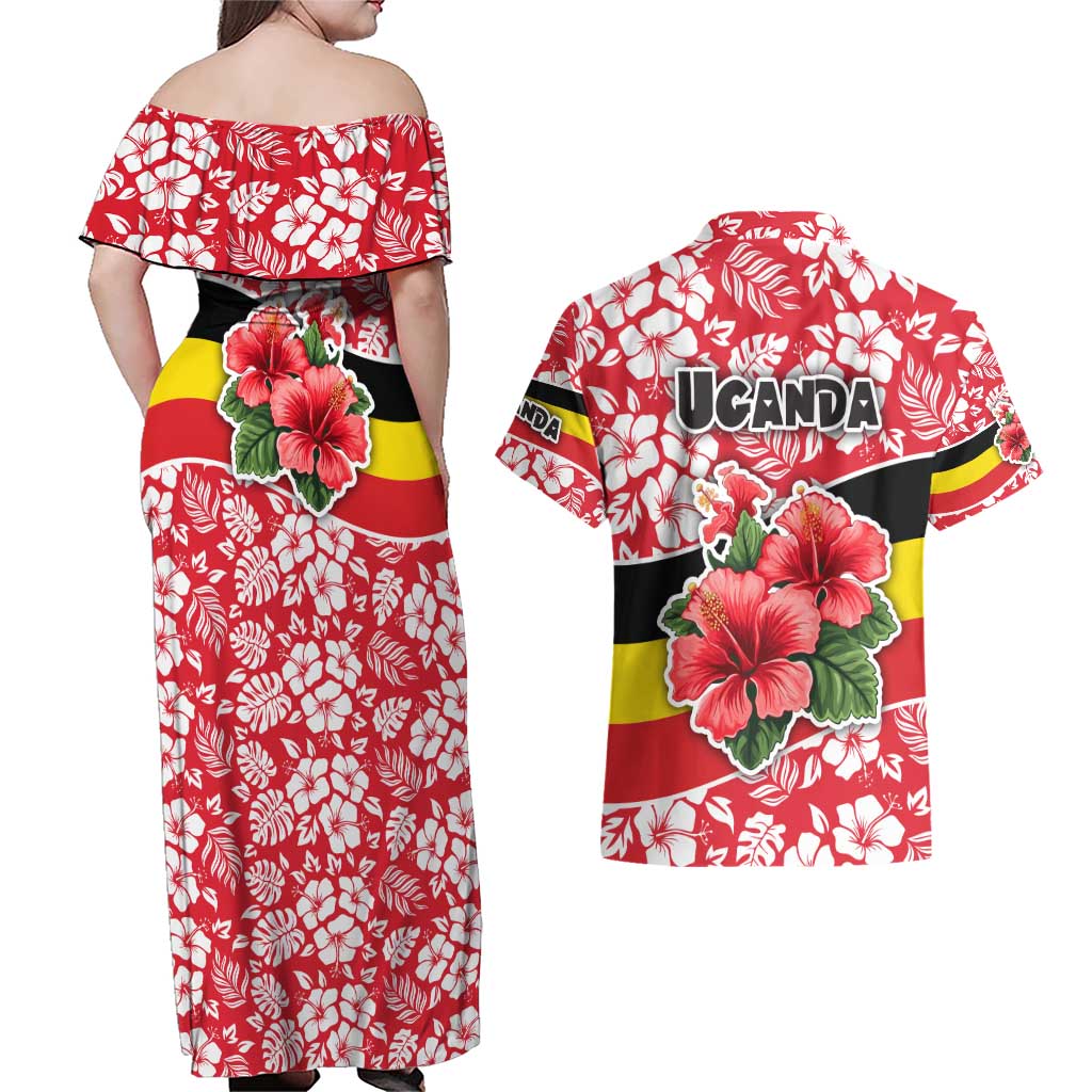 Uganda Couples Matching Off Shoulder Maxi Dress and Hawaiian Shirt with Red Hibiscus Flowers and National Flag Design