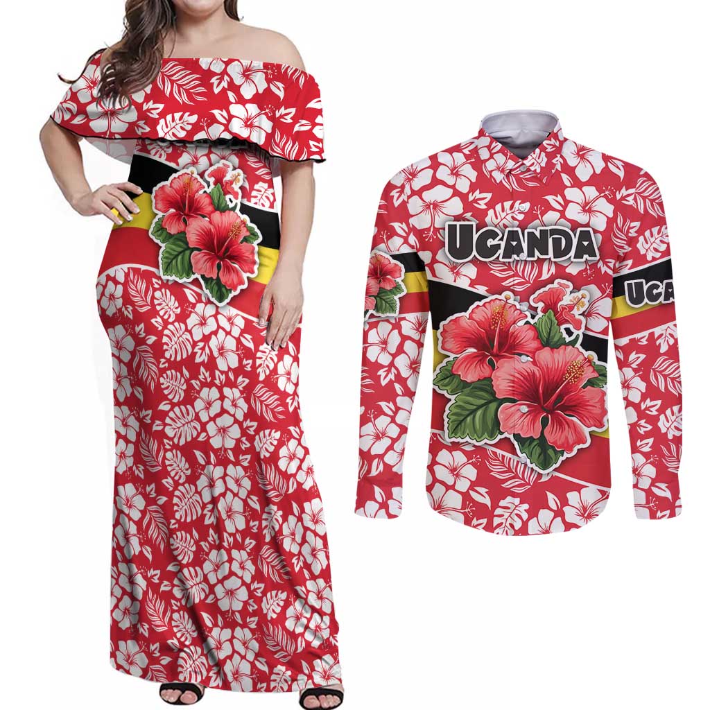 Uganda Couples Matching Off Shoulder Maxi Dress and Long Sleeve Button Shirt with Red Hibiscus Flowers and National Flag Design