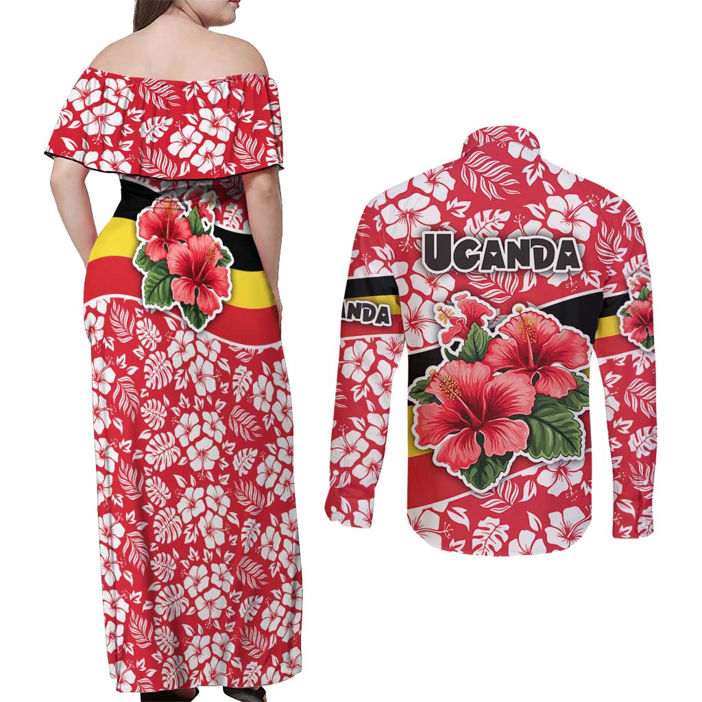 Uganda Couples Matching Off Shoulder Maxi Dress and Long Sleeve Button Shirt with Red Hibiscus Flowers and National Flag Design