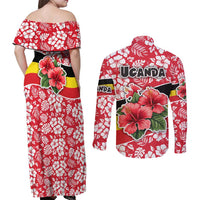 Uganda Couples Matching Off Shoulder Maxi Dress and Long Sleeve Button Shirt with Red Hibiscus Flowers and National Flag Design