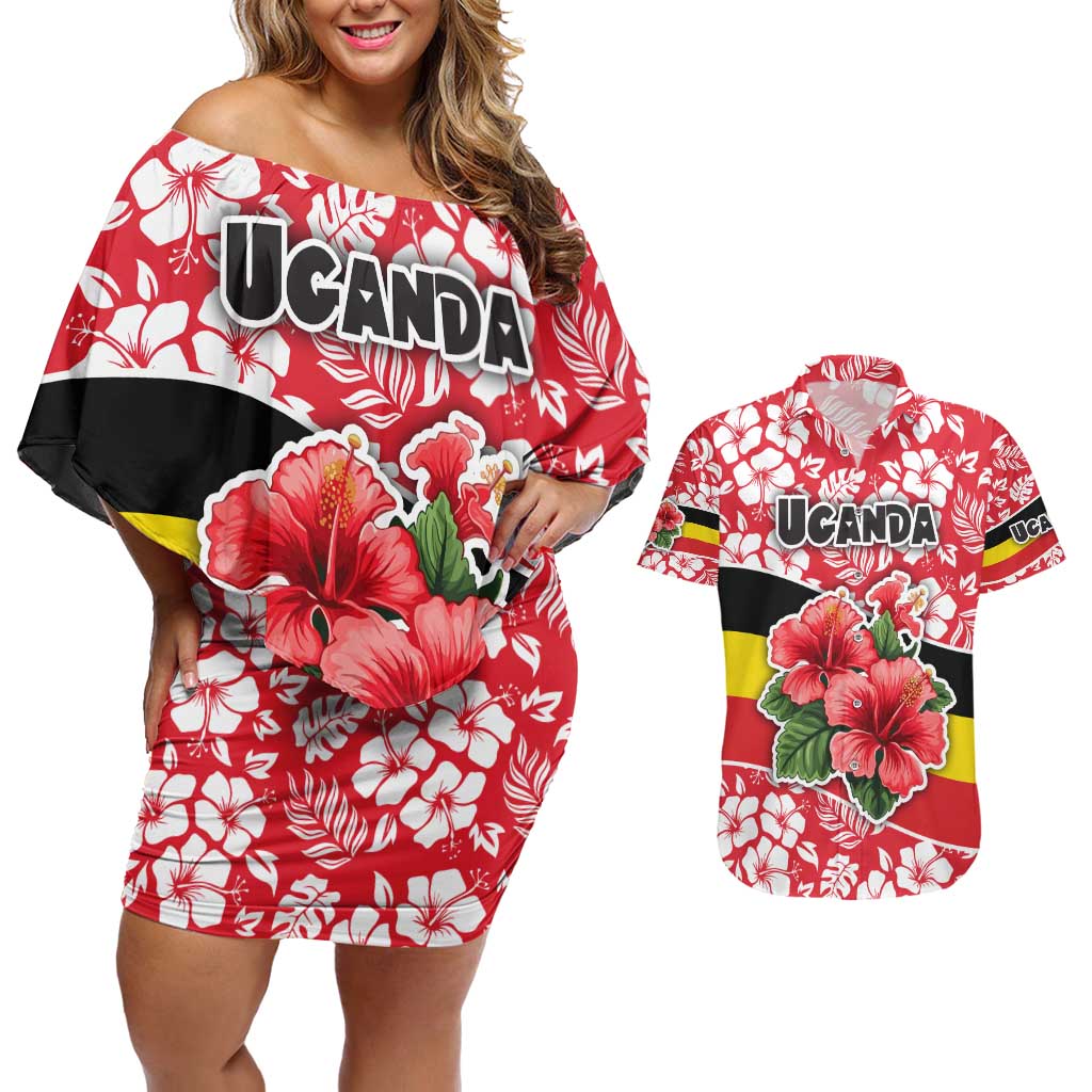 Uganda Couples Matching Off Shoulder Short Dress and Hawaiian Shirt with Red Hibiscus Flowers and National Flag Design
