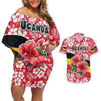 Uganda Couples Matching Off Shoulder Short Dress and Hawaiian Shirt with Red Hibiscus Flowers and National Flag Design