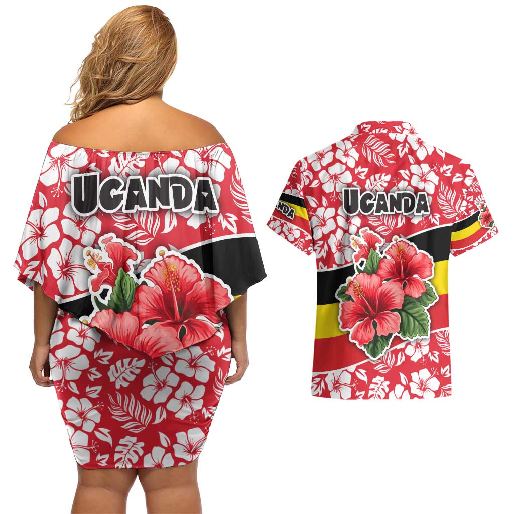 Uganda Couples Matching Off Shoulder Short Dress and Hawaiian Shirt with Red Hibiscus Flowers and National Flag Design