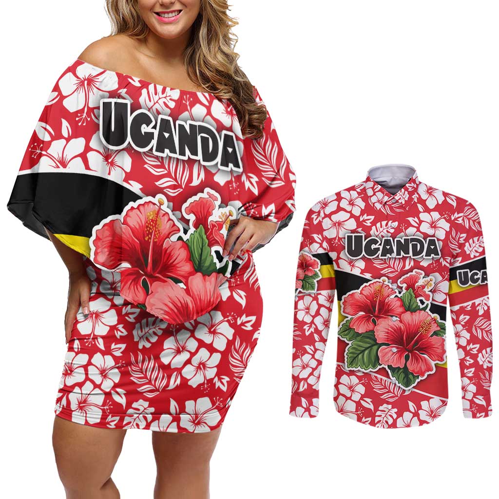 Uganda Couples Matching Off Shoulder Short Dress and Long Sleeve Button Shirt with Red Hibiscus Flowers and National Flag Design