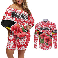 Uganda Couples Matching Off Shoulder Short Dress and Long Sleeve Button Shirt with Red Hibiscus Flowers and National Flag Design