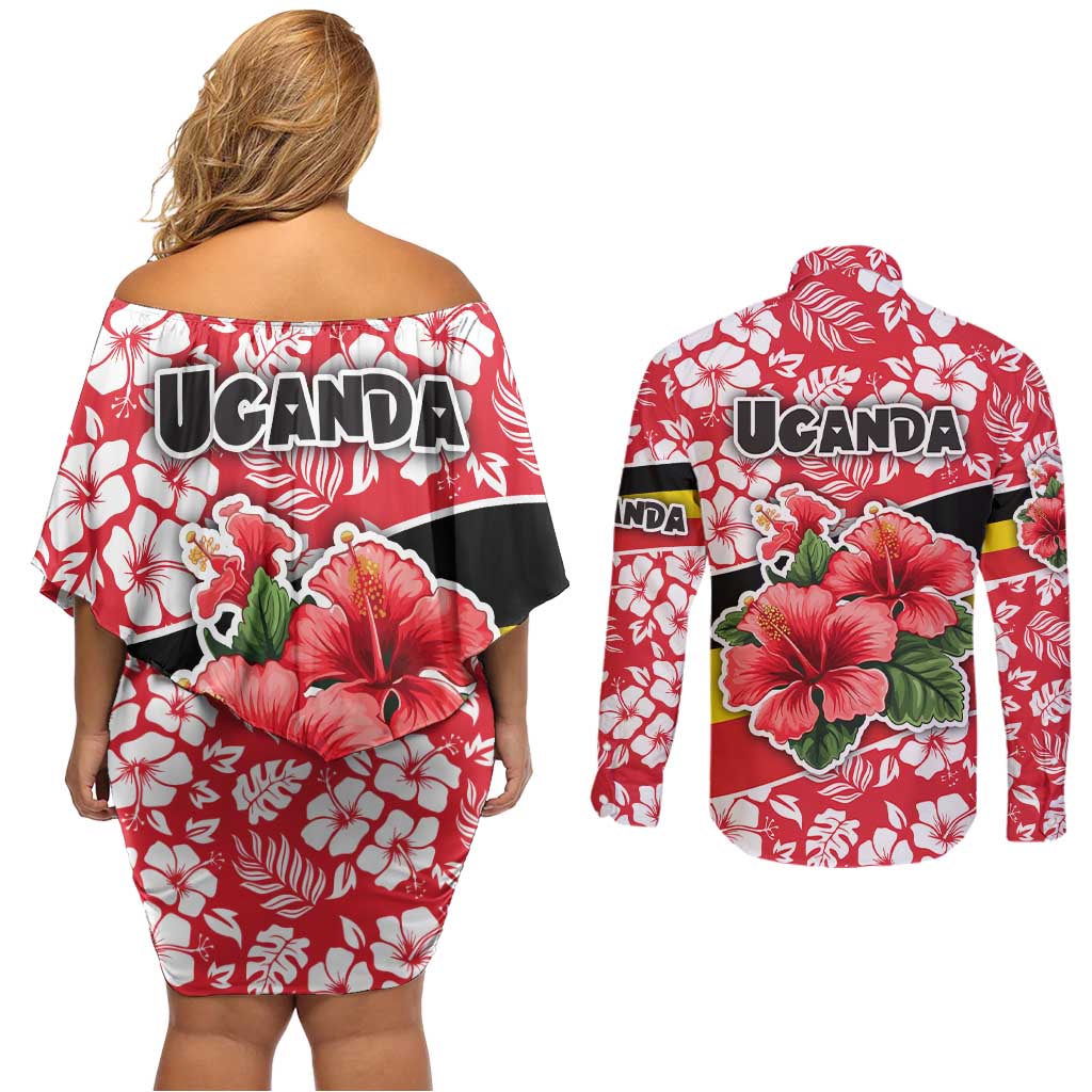 Uganda Couples Matching Off Shoulder Short Dress and Long Sleeve Button Shirt with Red Hibiscus Flowers and National Flag Design