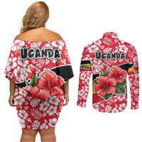 Uganda Couples Matching Off Shoulder Short Dress and Long Sleeve Button Shirt with Red Hibiscus Flowers and National Flag Design