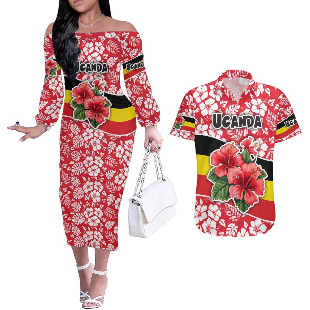 Uganda Couples Matching Off The Shoulder Long Sleeve Dress and Hawaiian Shirt with Red Hibiscus Flowers and National Flag Design