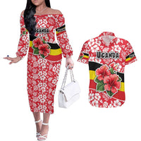 Uganda Couples Matching Off The Shoulder Long Sleeve Dress and Hawaiian Shirt with Red Hibiscus Flowers and National Flag Design